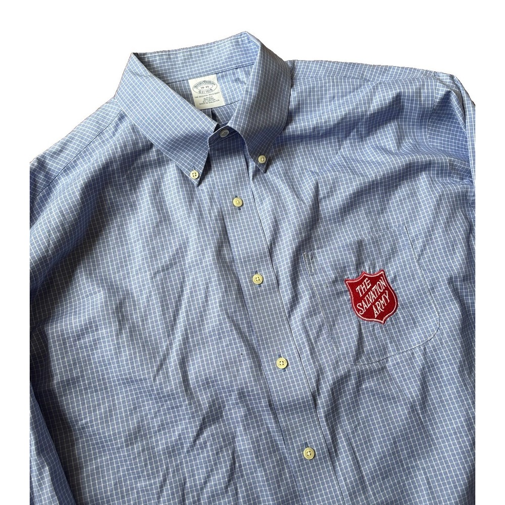 Brooks Brothers Salvation Army Employee Shirt Blue Plaid Slim Fit 18-35 2XL